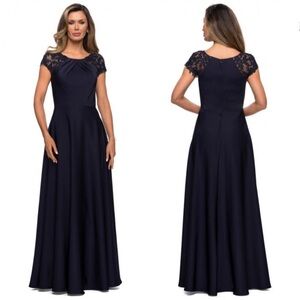 La Femme Long Satin Formal Dress‎ Floor Length Maxi Dress 28100 Navy Blue 12 NWT